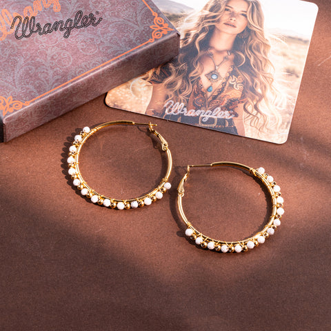 WGE-HP-1102GWH  Wrangler 14K Gold Plated Natural Stone Hoop Earrings - White
