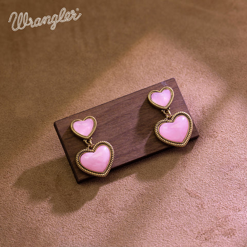 WGE-HT-1134G  Wrangler Natural Stone Heart Shape Dangling Earrings -Pink