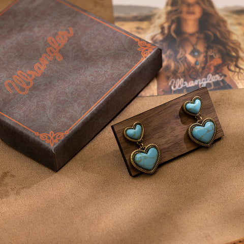 WGE-HT-1134G  Wrangler Natural Stone Heart Shape Dangling Earrings -Turquoise