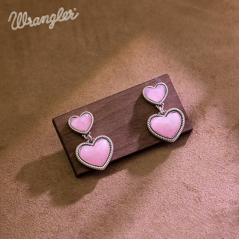 WGE-HT-1134S  Wrangler Natural Stone Heart Shape Dangling Earrings -Pink