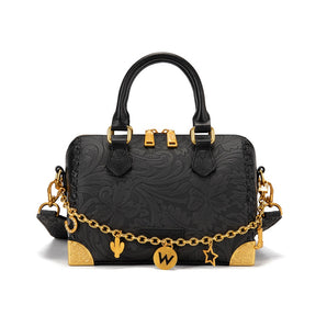 WG-HB-541-6661-BK Wrangler Genuine Leather Tooled Floral Boston Crossbody Bag with Charm Chain -Black