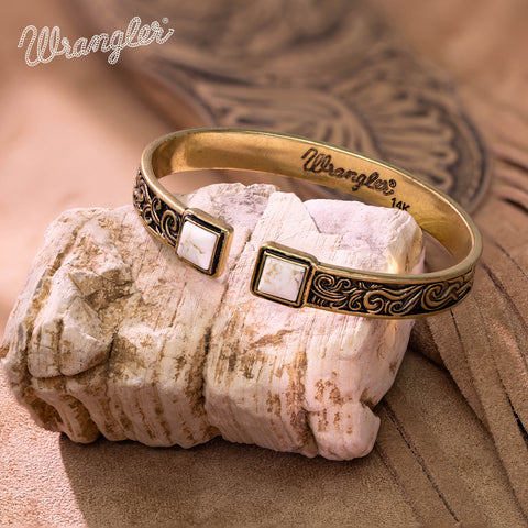 WGW-STL-1119G  Wrangler Gold Western Natural Stone Engraved Cuff Bracelet -Beige