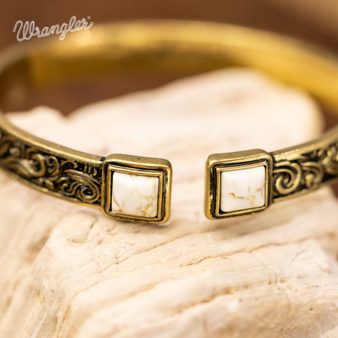 WGW-STL-1119G  Wrangler Gold Western Natural Stone Engraved Cuff Bracelet -Beige
