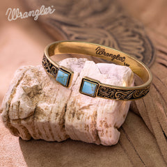 WGW-STL-1119G  Wrangler Gold Western Natural Stone Engraved Cuff Bracelet -Turquoise