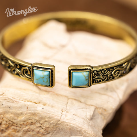 WGW-STL-1119G  Wrangler Gold Western Natural Stone Engraved Cuff Bracelet -Turquoise