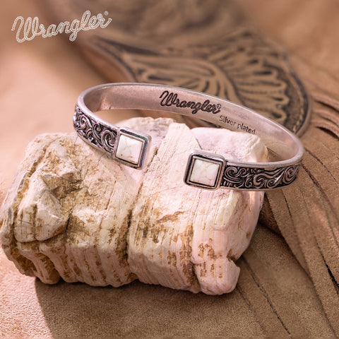 WGW-STL-1119S  Wrangler Silver Western Natural Stone Engraved Cuff Bracelet -Beige