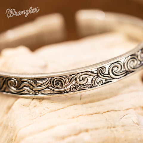 WGW-STL-1119S  Wrangler Silver Western Natural Stone Engraved Cuff Bracelet -Beige