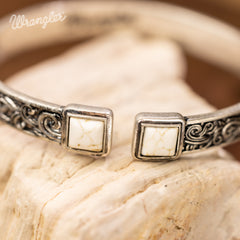WGW-STL-1119S  Wrangler Silver Western Natural Stone Engraved Cuff Bracelet -Beige