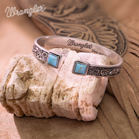 WGW-STL-1119S  Wrangler Silver Western Natural Stone Engraved Cuff Bracelet -Turquoise