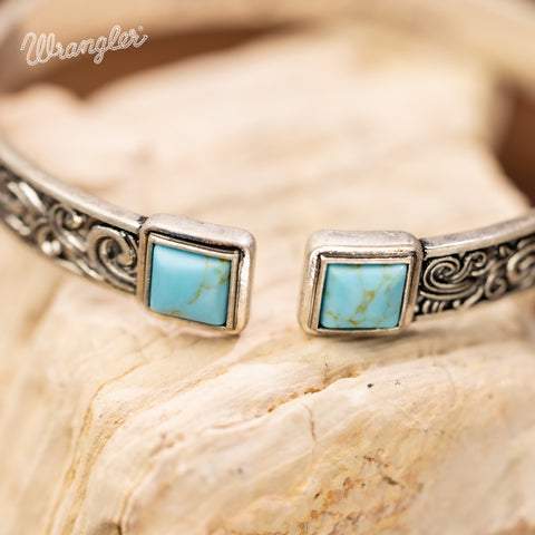 WGW-STL-1119S  Wrangler Silver Western Natural Stone Engraved Cuff Bracelet -Turquoise