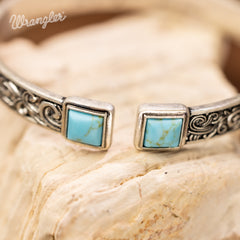 WGW-STL-1119S  Wrangler Silver Western Natural Stone Engraved Cuff Bracelet -Turquoise