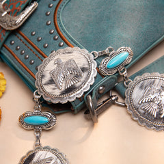 RCB-1057  Rustic Couture Etched Thunderbird Turquoise Stone Centered Concho Link Chain Belt