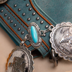 RCB-1057  Rustic Couture Etched Thunderbird Turquoise Stone Centered Concho Link Chain Belt