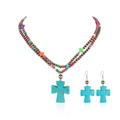 RNS-1039  Rustic Couture's  Double Layered Beaded Necklace Cross Pendant Earrings Set