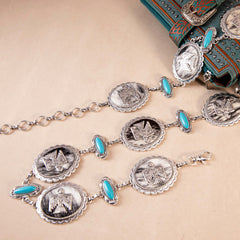 RCB-1057  Rustic Couture Etched Thunderbird Turquoise Stone Centered Concho Link Chain Belt