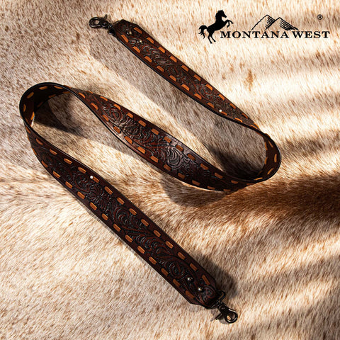 PST-1002  Montana West Western Guitar Style Floral Tooled" Crossbody Strap - Coffee