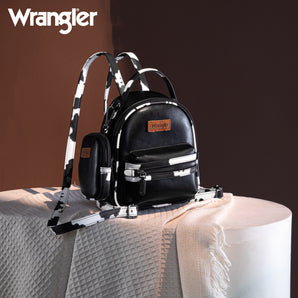 WG102-8600 Wrangler Cow Print Trimmed Mini Backpack With Coin Pouch - Black