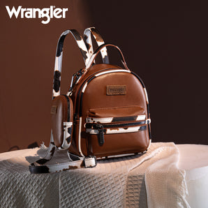 WG102-8600 Wrangler Cow Print Trimmed Mini Backpack With Coin Pouch - Brown