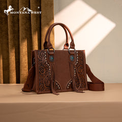 MW1339-2002  Montana West Tooled Concho Tote/Crossbody -Brown