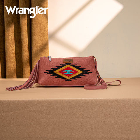 WG259-1834  Wrangler Embroidered Aztec Canvas Wristlet/Crossbody-Dark Pink