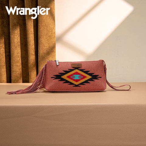 WG259-1834  Wrangler Embroidered Aztec Canvas Wristlet/Crossbody-Dark Pink