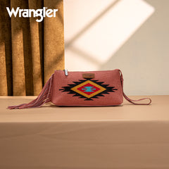 WG259-1834  Wrangler Embroidered Aztec Canvas Wristlet/Crossbody-Dark Pink