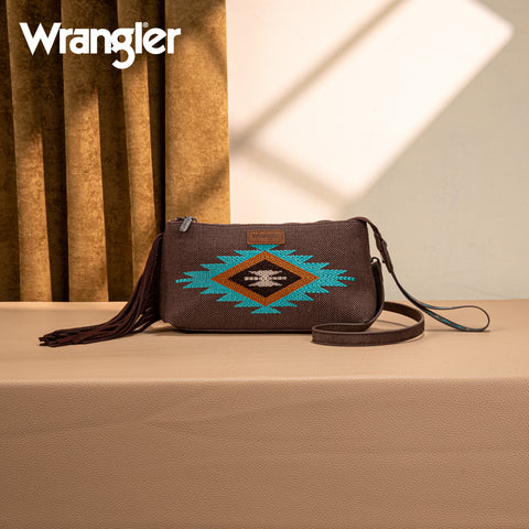 WG259-1834  Wrangler Embroidered Aztec Canvas Wristlet/Crossbody- Coffee