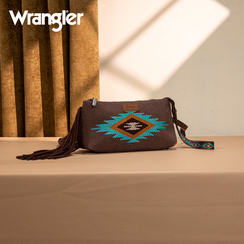 WG259-1834  Wrangler Embroidered Aztec Canvas Wristlet/Crossbody- Coffee