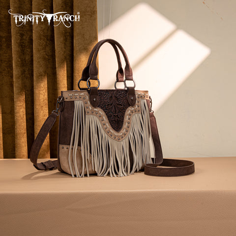 TR194-8250  Trinity Ranch Floral Tooled Fringe Tote/Crossbody