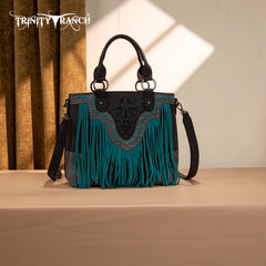 TR194-8250  Trinity Ranch Floral Tooled Fringe Tote/Crossbody