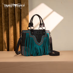 TR194-8250  Trinity Ranch Floral Tooled Fringe Tote/Crossbody