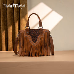 TR194-8250  Trinity Ranch Floral Tooled Fringe Tote/Crossbody