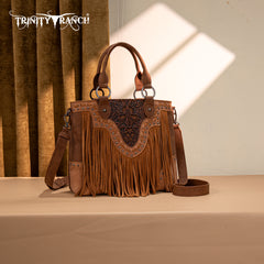 TR194-8250  Trinity Ranch Floral Tooled Fringe Tote/Crossbody