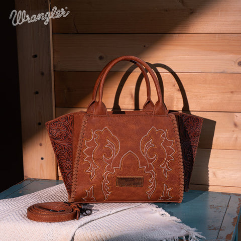 WG145G-8300  Wrangler Embroidered Trapezoid Concealed Carry Tote/Crossbody -Brown