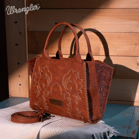 WG145G-8300  Wrangler Embroidered Trapezoid Concealed Carry Tote/Crossbody -Brown