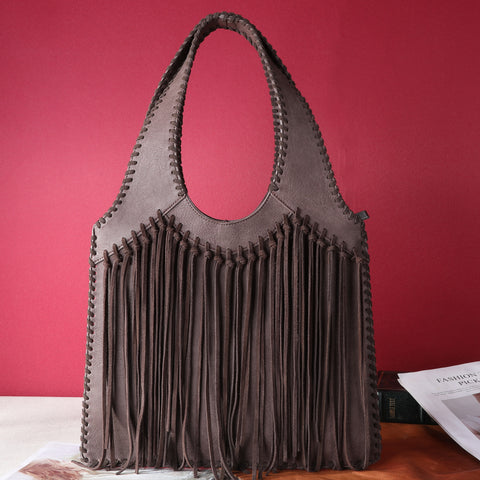 TR161G-918 Trinity Ranch Hand-Tie fringe Concealed Carry Hobo Shoulder Bag- Coffee