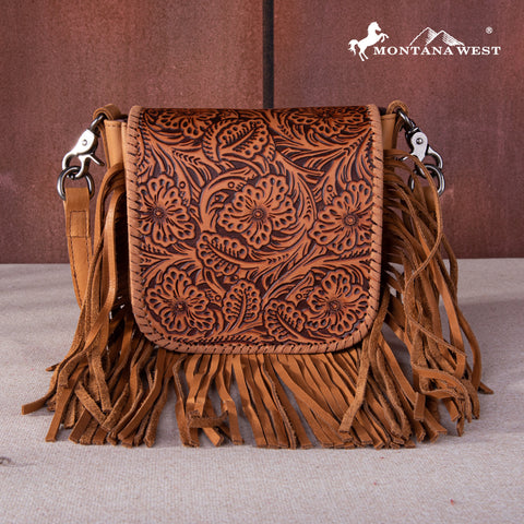 RLC-L159 Montana West Genuine Leather Tooled Collection Fringe Crossbody