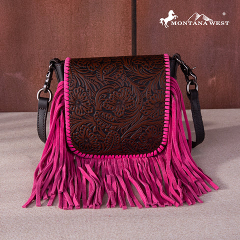 RLC-L159 Montana West Genuine Leather Tooled Collection Fringe Crossbody Coffee-Pink