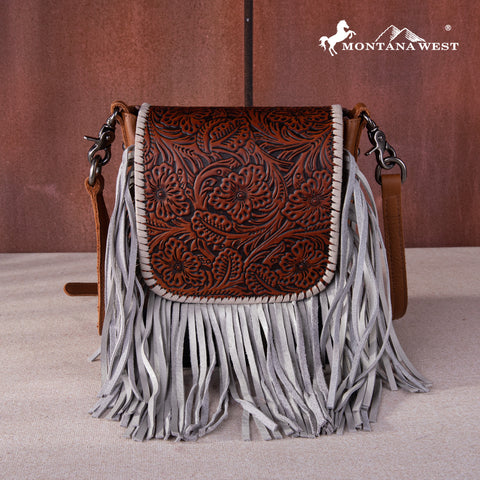 RLC-L159 Montana West Genuine Leather Tooled Collection Fringe Crossbody -Brown-Tan