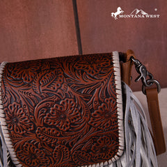 RLC-L159 Montana West Genuine Leather Tooled Collection Fringe Crossbody -Brown-Tan