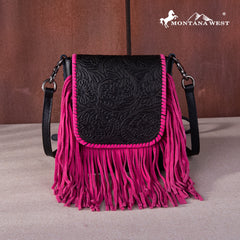 RLC-L159 Montana West Genuine Leather Tooled Collection Fringe Crossbody Black-Hot Pink