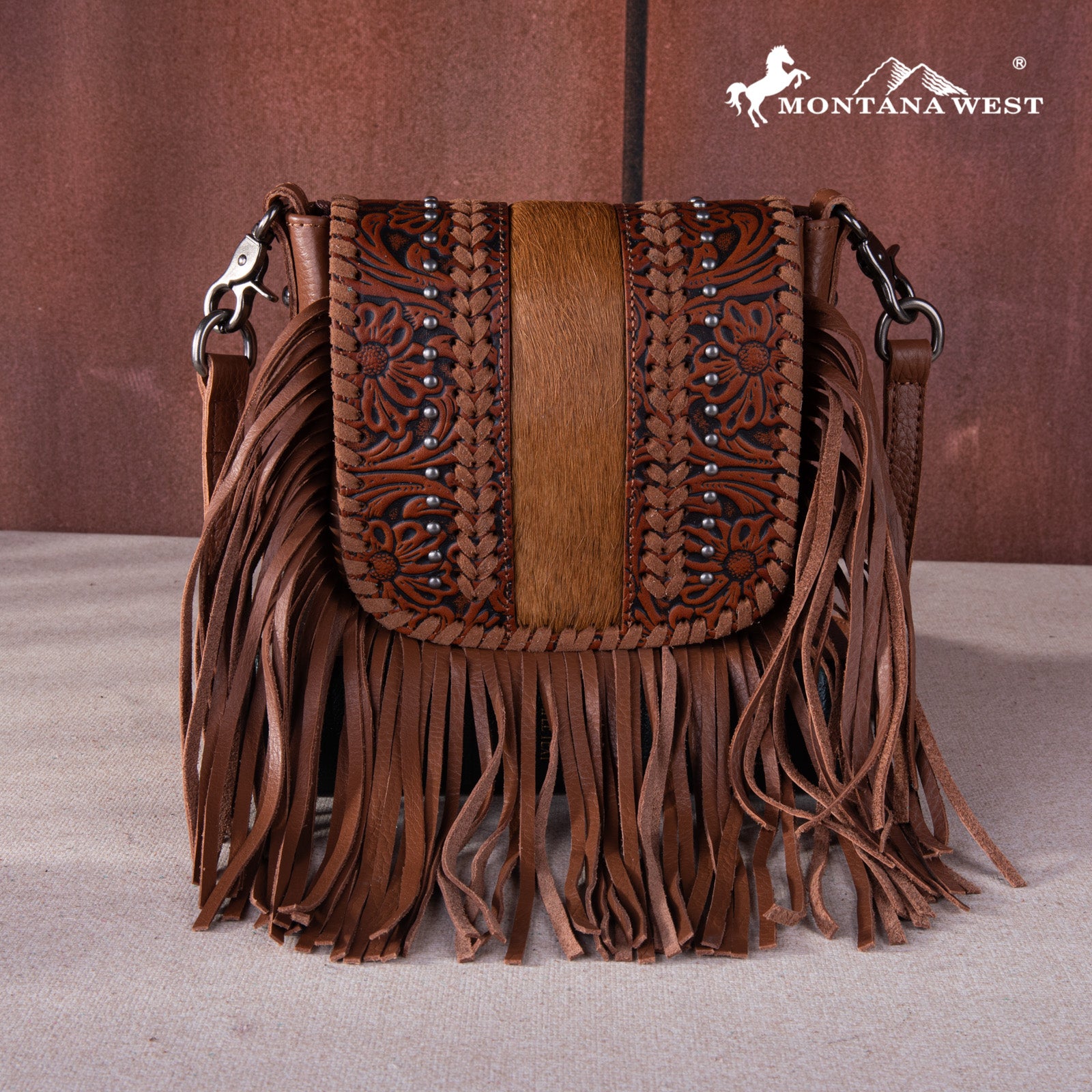 RLC L168 Montana West Genuine Leather Tooled Collection Fringe Crossbody