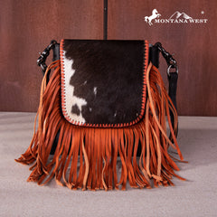 RLC-L161 Montana West Genuine Leather Hair-On Collection Fringe Crossbody -Coffee-Orange