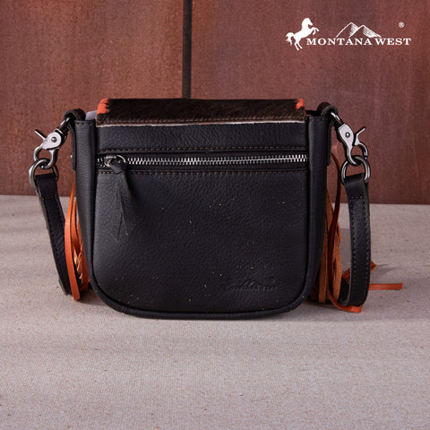 RLC-L161 Montana West Genuine Leather Hair-On Collection Fringe Crossbody -Coffee-Orange