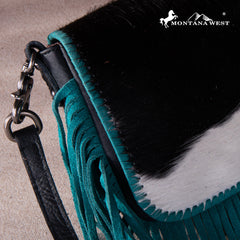 RLC-L161 Montana West Genuine Leather Hair-On Collection Fringe Crossbody Black-Turquoise