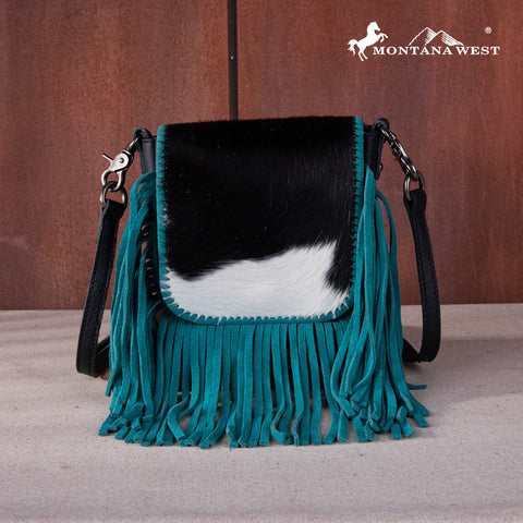 RLC-L161 Montana West Genuine Leather Hair-On Collection Fringe Crossbody Black-Turquoise