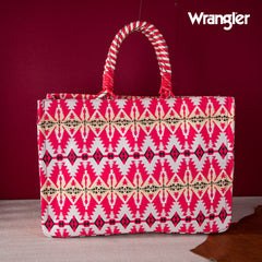 WG284-8119A Wrangler Southwestern Print  Dual Sided Print Canvas Wide Tote -Hot Pink