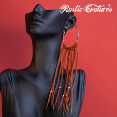 RCE-1090 Rustic Couture's  Bohemian Suede Tassel Hoop Statement Earrings