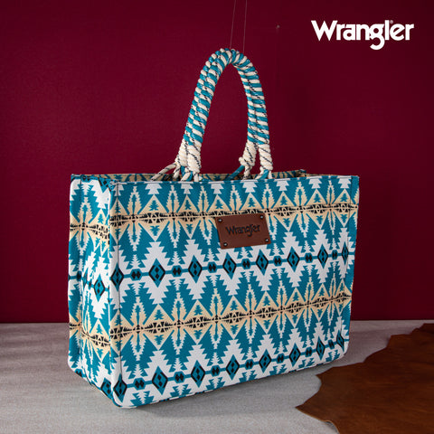 WG284-8119A Wrangler Southwestern Print  Dual Sided Print Canvas Wide Tote -Turquoise