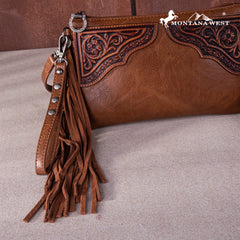 MW1262-181 Montana West Floral Tooled Fringe Wristlet Clutch/Crossbody Bag